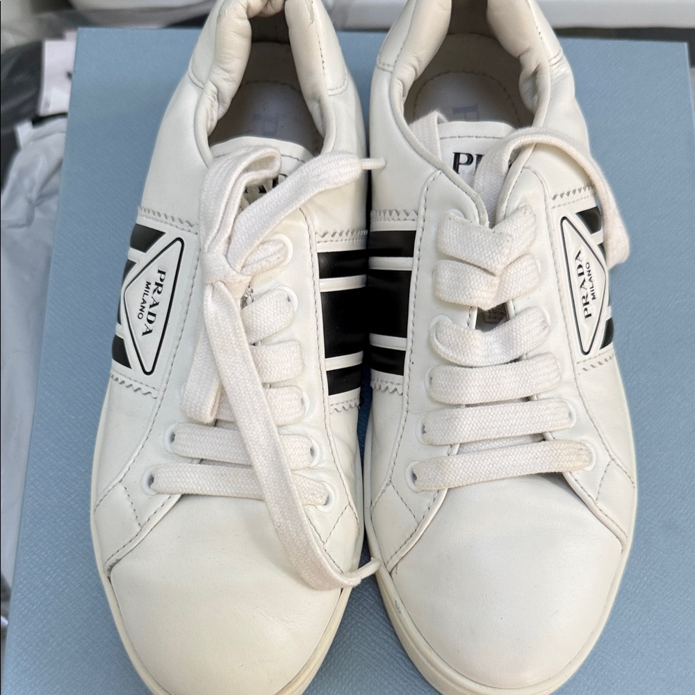 Prada White Sneakers with Black Stripes